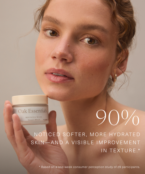 A woman with light skin and curly hair holds a jar of Refining Mask near her face, highlighting its blurring effect. Text reads: 90% noticed softer, more hydrated skin and visibly improved texture.