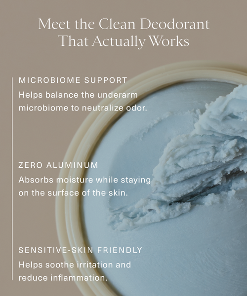 A container of Microbiome Balancing Deodorant sits on a soft beige background, its smooth pale blue formula highlighted by text emphasizing microbiome balance, sensitive skin support, and an aluminum-free formula.