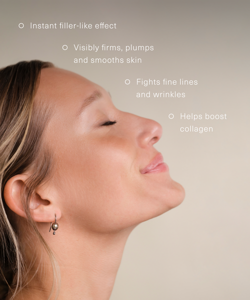 A woman with smooth skin, eyes closed and smiling, wears a small hoop earring. Text highlights Firming Plant Peptide Serum: instant filler-like effect, firms skin, fights wrinkles, and boosts collagen.