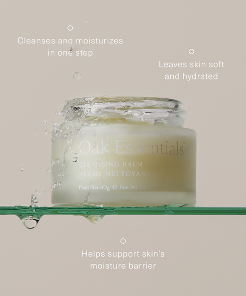 A jar of Cleansing Balm rests partly in water. Text highlights this balm-to-oil cleanser: it cleanses and moisturizes in one step, leaves skin soft and hydrated, and helps support the skin’s moisture barrier.