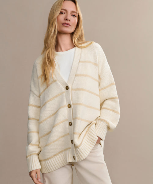A woman with long blonde hair models the oversized Chloe Cardigan in cream with light beige stripes, paired with a white shirt and matching cream pants—perfect for your spring and summer wardrobe—set against a beige background.