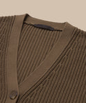 Close-up of the Cropped Cotton Cocoon Cardigan, featuring a brown ribbed knit, V-neckline, buttons, and an inside-collar label, set against a beige background.