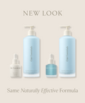 The Blue Tansy Bundle—featuring two blue pump bottles and two small dropper bottles—appears on a light background with the text: “NEW LOOK, Same Naturally Effective Formula for dewy skin.”.