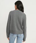 A person with long dark hair models the Cashmere Colette Cardigan—a boxy gray knit—paired with light blue jeans, standing with their back to the camera against a plain light background.