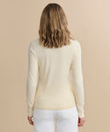 Seen from behind, a person with wavy, shoulder-length light brown hair wears a cream Long-Sleeve Slim Tee and white jeans, standing against a plain beige background.