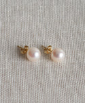 The Large Loren Pearl Studs are round freshwater pearl earrings with gold posts and backings, shown on a textured cream-colored fabric.