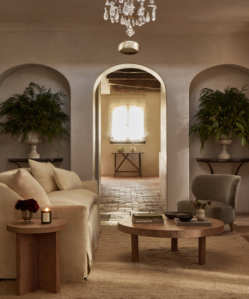 A cozy living room features a cream sofa, round wooden tables, and a Brentwood Chair as an inviting accent. Two large potted ferns rest in arched wall niches, while sunlight illuminates elegant Jenni Kayne Furniture.