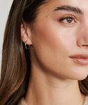 Close-up of a woman’s face with smooth skin, natural makeup, and straight brown hair. She wears a Small Eloise Hoop earring by Jenni Kayne in her left ear and looks slightly to the right.