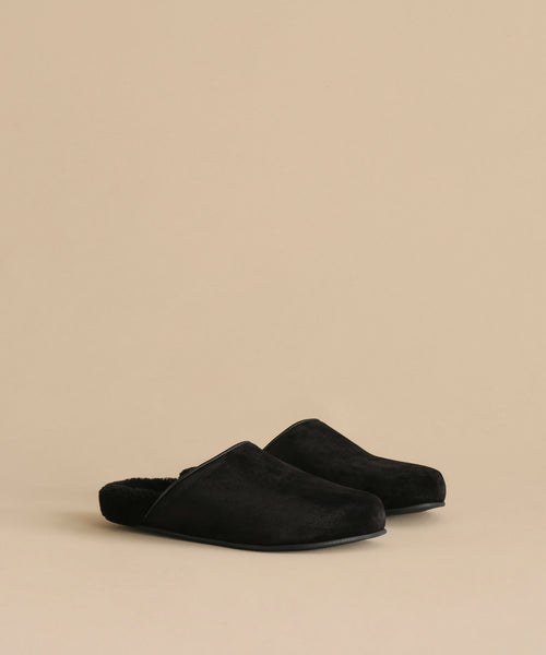 The Suede Ashby Clog—black slip-on clogs with closed toes, open backs, and a cozy shearling-lined footbed—is displayed on a plain beige background.