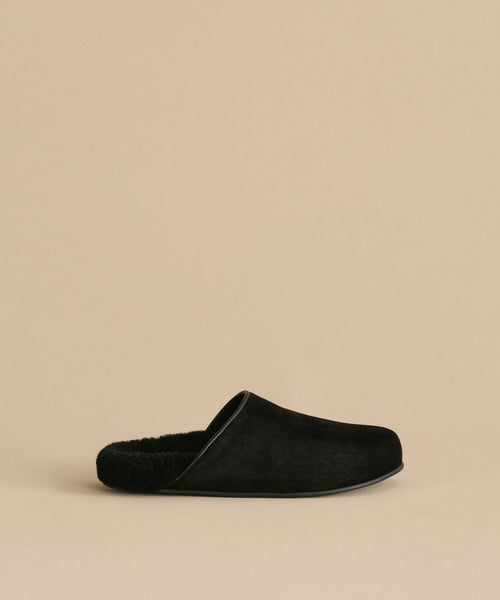 The Suede Ashby Clog, a black slip-on with a fuzzy shearling-lined footbed and closed toe, is shown against a beige background.