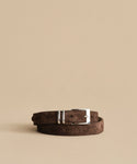 A Suede Danner Belt in brown, featuring a shiny silver buckle, is coiled neatly on a plain beige background, highlighting its timeless elegance.
