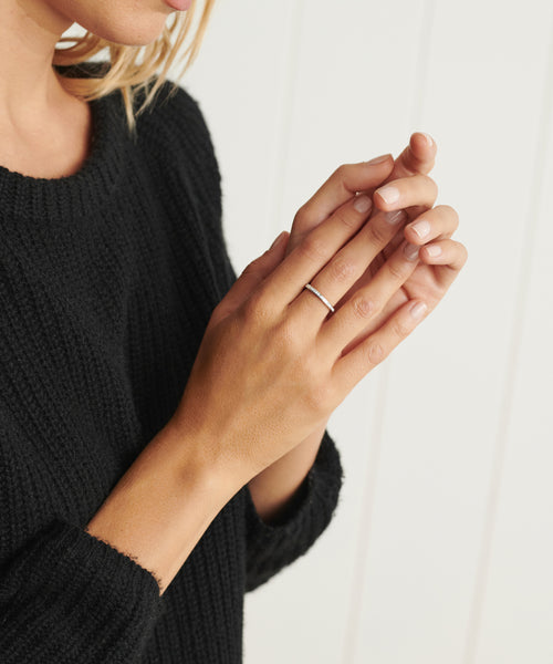 A person in a black knit sweater gently touches their hands together, showcasing the Iris Eternity Band—a simple white gold ring—on one finger. The background features white vertical lines.
